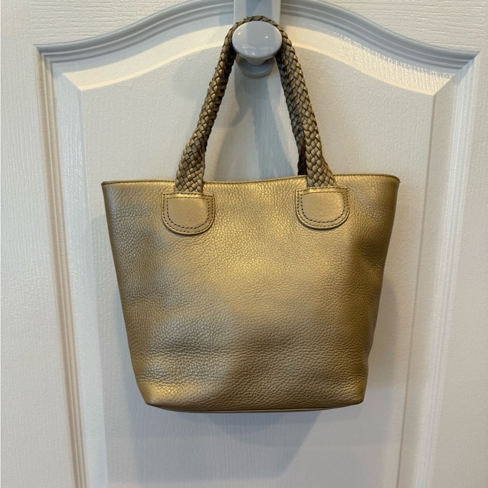 Talbots Gold Leather Tote Small Braided Handle Metallic Shoulder Bag